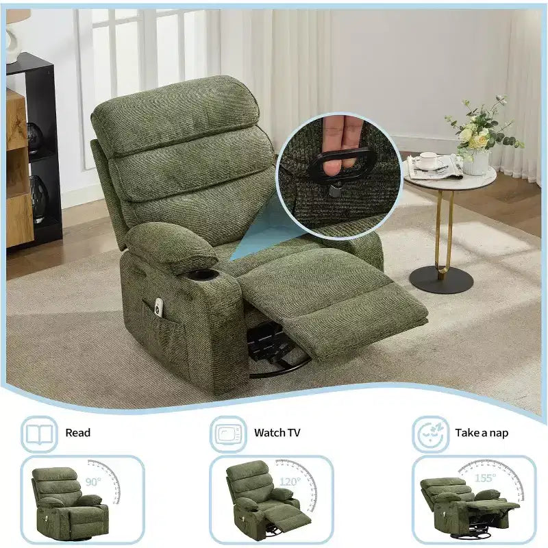 8-Point Massage & Heating Recliner Chair, 360 Swivel Glider Rocker with Side Pocket & Cup Holders, Supports 400LBS, Linen Fabric