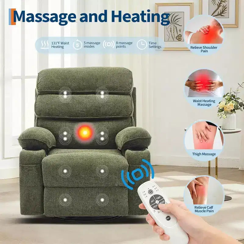 8-Point Massage & Heating Recliner Chair, 360 Swivel Glider Rocker with Side Pocket & Cup Holders, Supports 400LBS, Linen Fabric