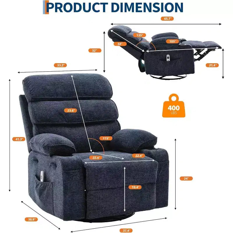 8-Point Massage & Heating Recliner Chair, 360 Swivel Glider Rocker with Side Pocket & Cup Holders, Supports 400LBS, Linen Fabric