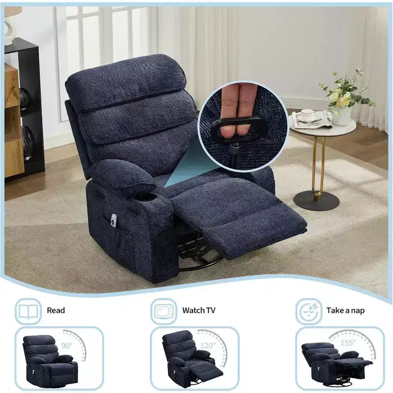 8-Point Massage & Heating Recliner Chair, 360 Swivel Glider Rocker with Side Pocket & Cup Holders, Supports 400LBS, Linen Fabric