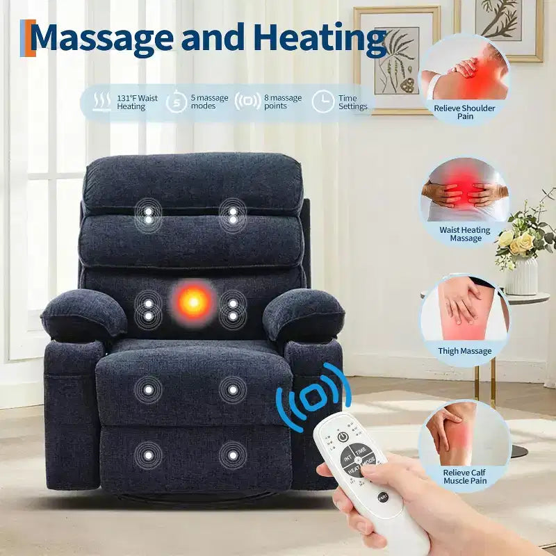 8-Point Massage & Heating Recliner Chair, 360 Swivel Glider Rocker with Side Pocket & Cup Holders, Supports 400LBS, Linen Fabric