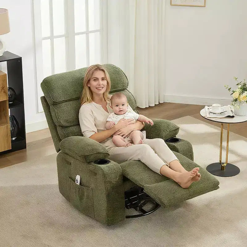 8-Point Massage & Heating Recliner Chair, 360 Swivel Glider Rocker with Side Pocket & Cup Holders, Supports 400LBS, Linen Fabric