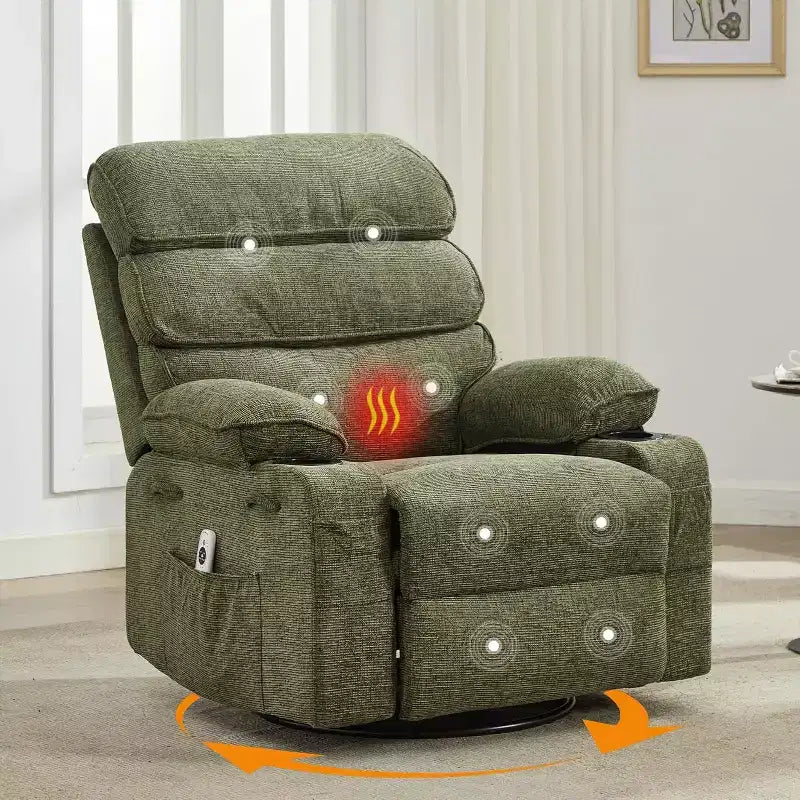 8-Point Massage & Heating Recliner Chair, 360 Swivel Glider Rocker with Side Pocket & Cup Holders, Supports 400LBS, Linen Fabric