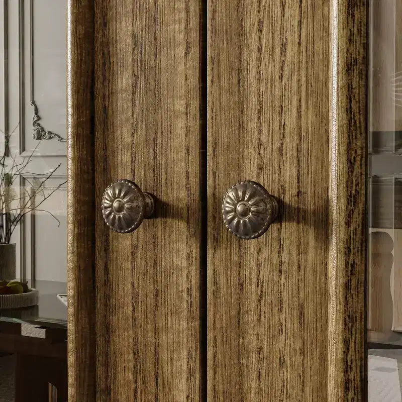 Vintage Pine Display Cabinet with Glass Doors and Intricate Wood Carvings