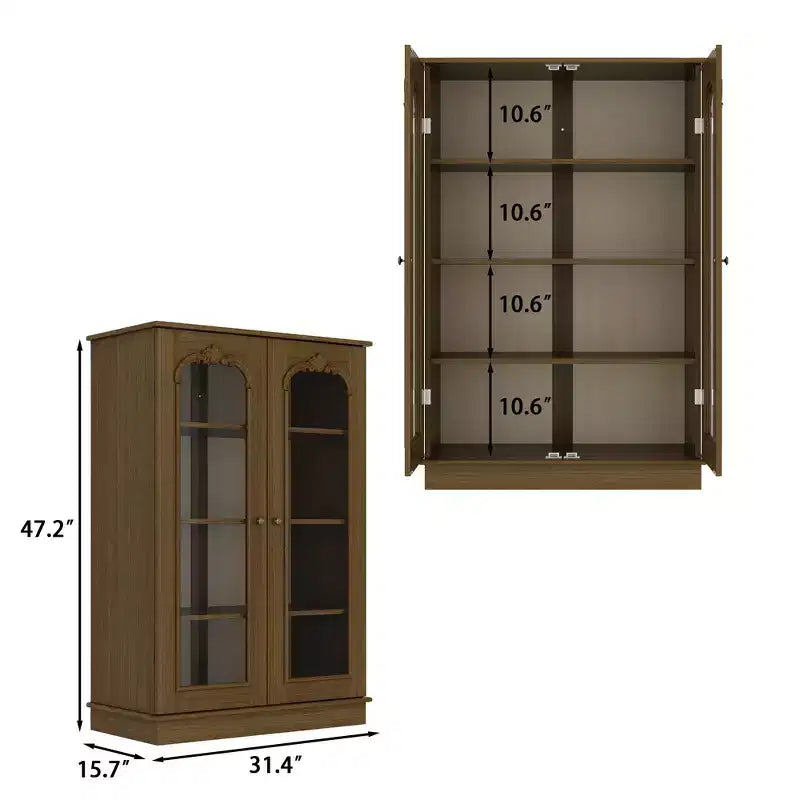 Vintage Pine Display Cabinet with Glass Doors and Intricate Wood Carvings