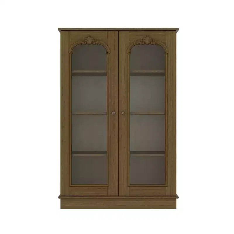 Vintage Pine Display Cabinet with Glass Doors and Intricate Wood Carvings