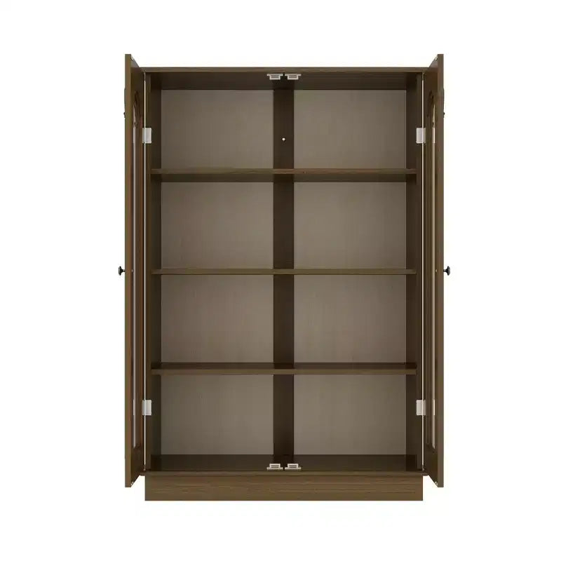 Vintage Pine Display Cabinet with Glass Doors and Intricate Wood Carvings