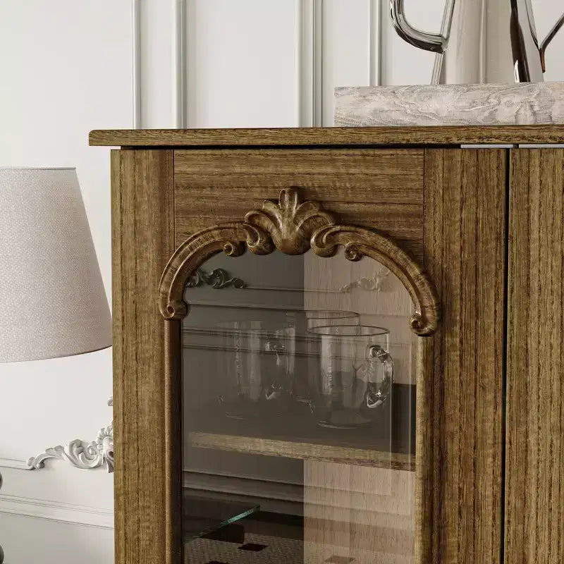Vintage Pine Display Cabinet with Glass Doors and Intricate Wood Carvings
