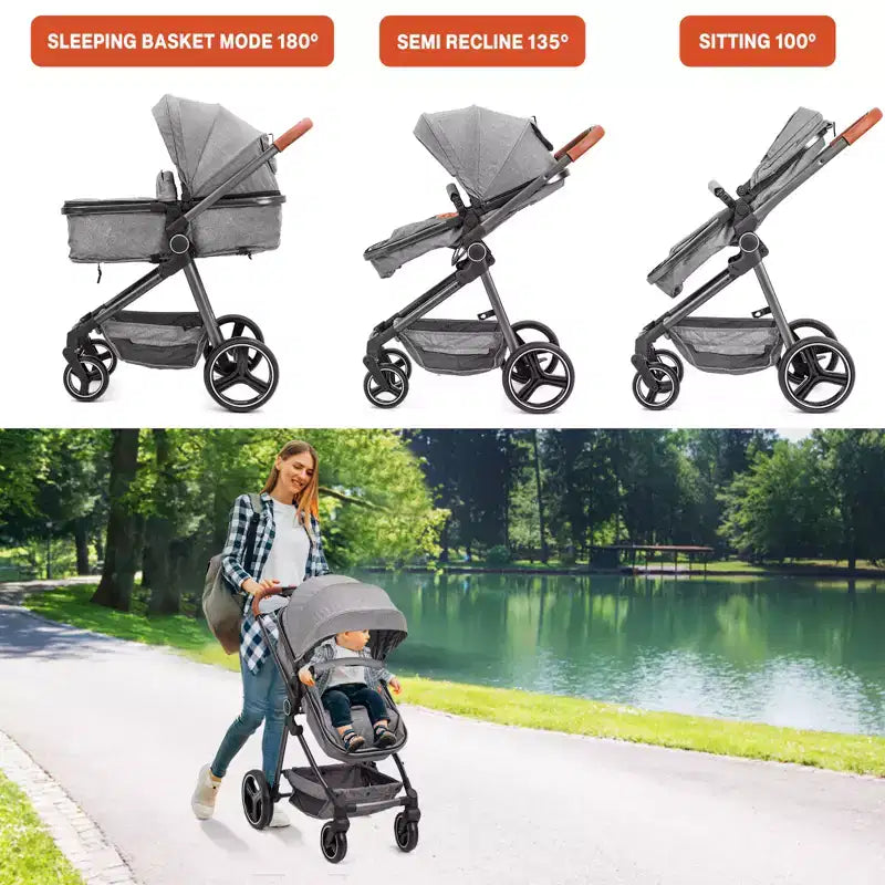 Convertible stroller, foldable stroller, 3-in-1 reversible stroller with adjustable backrest and canopy, windproof footmuffs, safety belt