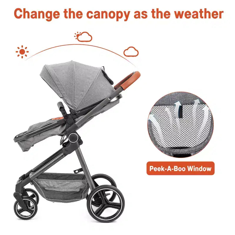Convertible stroller, foldable stroller, 3-in-1 reversible stroller with adjustable backrest and canopy, windproof footmuffs, safety belt