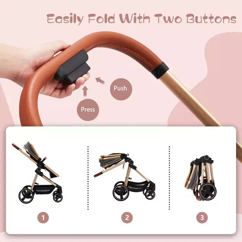 Convertible stroller, foldable stroller, 3-in-1 reversible stroller with adjustable backrest and canopy, windproof footmuffs, safety belt