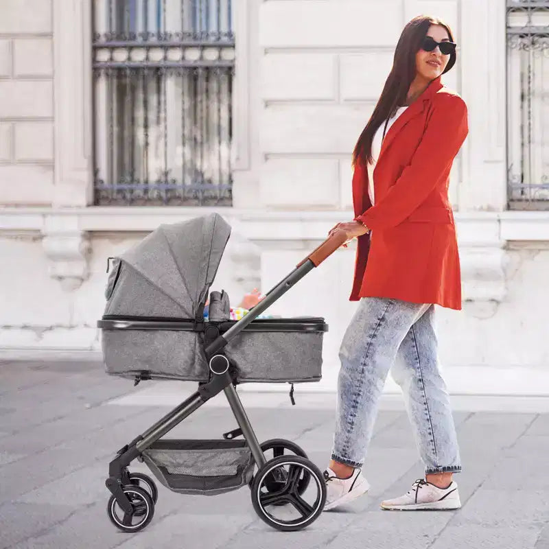 Convertible stroller, foldable stroller, 3-in-1 reversible stroller with adjustable backrest and canopy, windproof footmuffs, safety belt