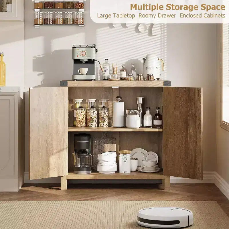 Sideboard with storage functionality, bohemian-style farmhouse sideboard featuring adjustable shelves and handles, suitable for kitchens