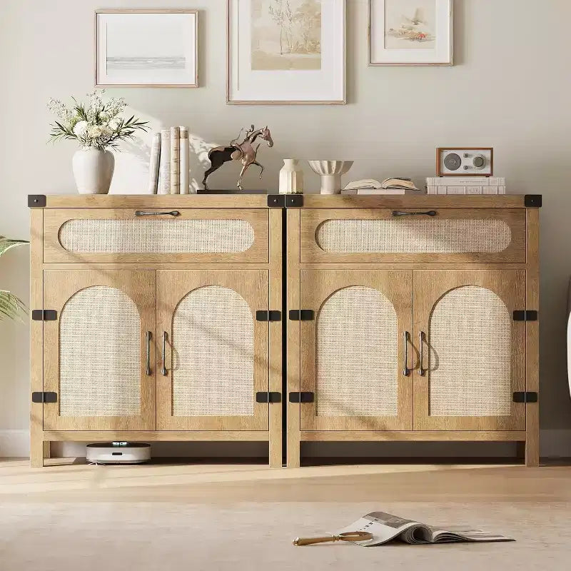 Sideboard with storage functionality, bohemian-style farmhouse sideboard featuring adjustable shelves and handles, suitable for kitchens