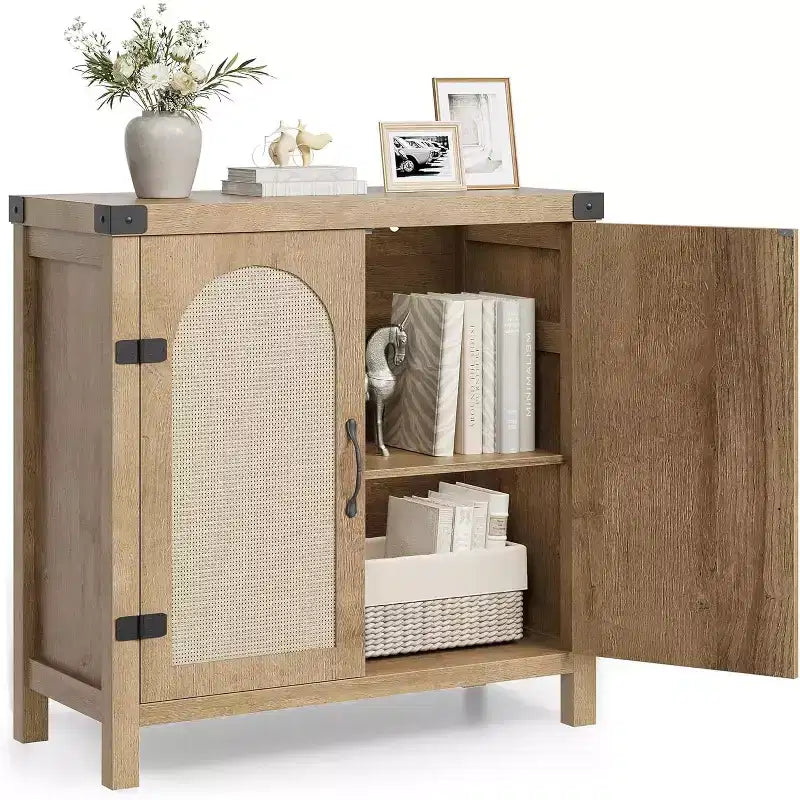 Sideboard with storage functionality, bohemian-style farmhouse sideboard featuring adjustable shelves and handles, suitable for kitchens