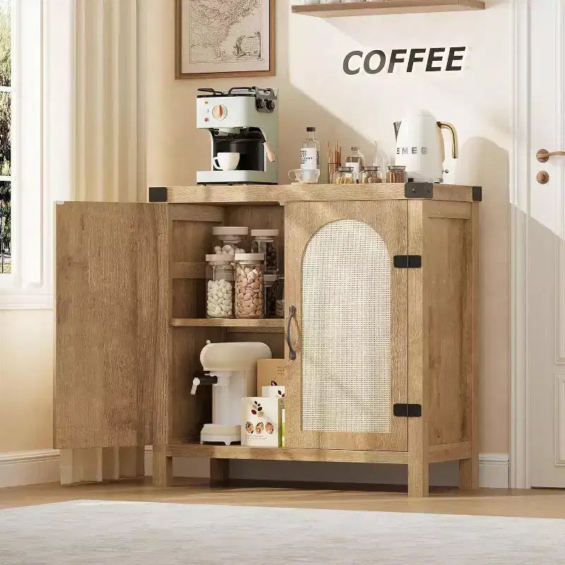 Sideboard with storage functionality, bohemian-style farmhouse sideboard featuring adjustable shelves and handles, suitable for kitchens