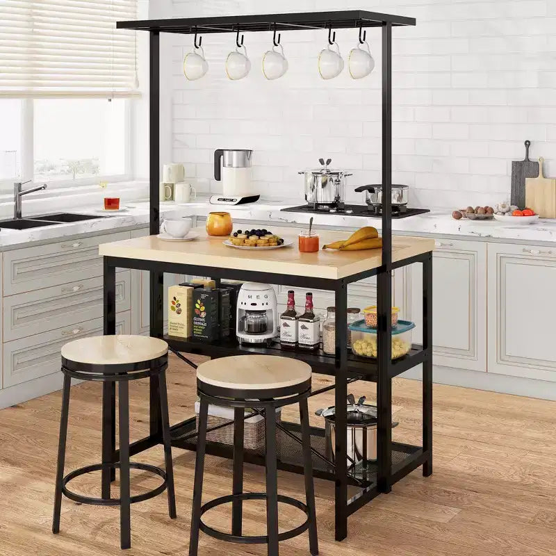 Kitchen Island with Storage, Bakers Rack with Power Outlet, Island Table for Kitchen,3 Tier Microwave Stand Oven Shelf,Large Coffee Bar Table, Storage