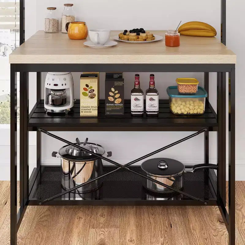 Kitchen Island with Storage, Bakers Rack with Power Outlet, Island Table for Kitchen,3 Tier Microwave Stand Oven Shelf,Large Coffee Bar Table, Storage