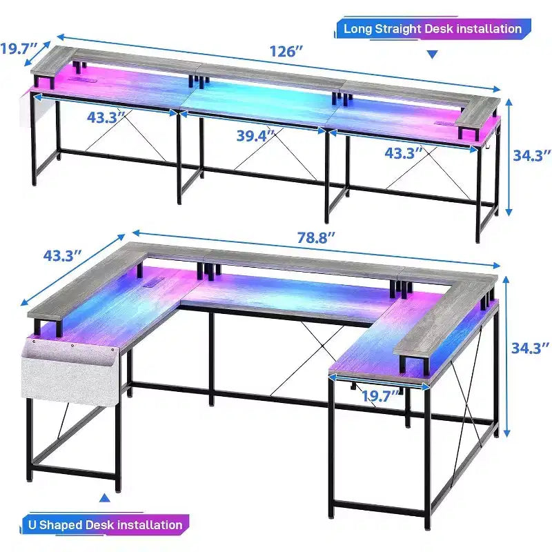 U Shaped Computer Gaming Desk,with LED Lights & Power Outlets,Corner Computer Desk with Storage Shelves,for Home Office