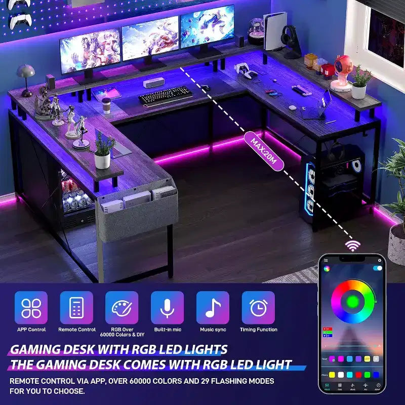 U Shaped Computer Gaming Desk,with LED Lights & Power Outlets,Corner Computer Desk with Storage Shelves,for Home Office