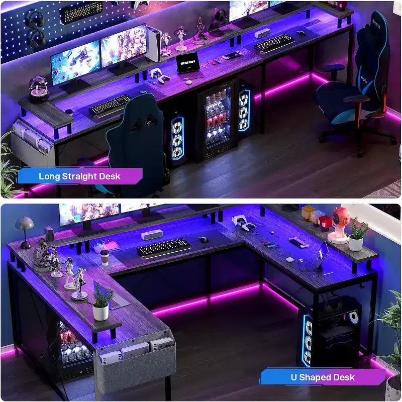 U Shaped Computer Gaming Desk,with LED Lights & Power Outlets,Corner Computer Desk with Storage Shelves,for Home Office