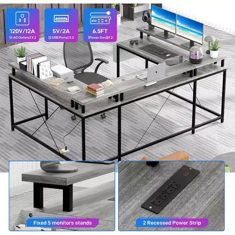 U Shaped Computer Gaming Desk,with LED Lights & Power Outlets,Corner Computer Desk with Storage Shelves,for Home Office