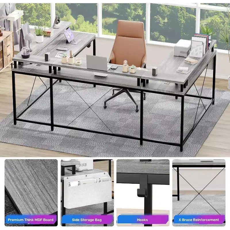 U Shaped Computer Gaming Desk,with LED Lights & Power Outlets,Corner Computer Desk with Storage Shelves,for Home Office
