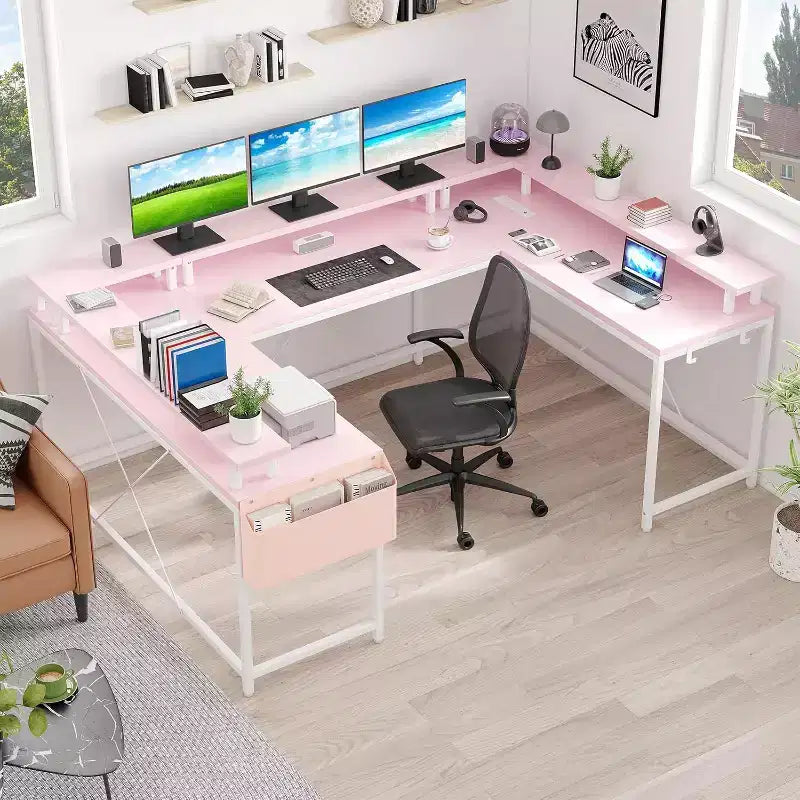 U Shaped Computer Gaming Desk,with LED Lights & Power Outlets,Corner Computer Desk with Storage Shelves,for Home Office