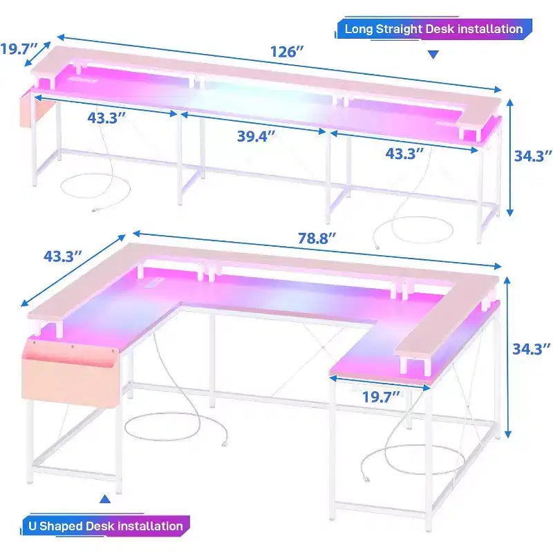U Shaped Computer Gaming Desk,with LED Lights & Power Outlets,Corner Computer Desk with Storage Shelves,for Home Office