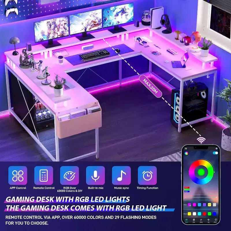 U Shaped Computer Gaming Desk,with LED Lights & Power Outlets,Corner Computer Desk with Storage Shelves,for Home Office