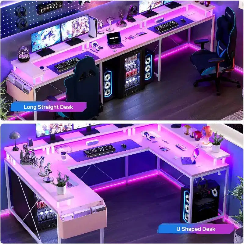 U Shaped Computer Gaming Desk,with LED Lights & Power Outlets,Corner Computer Desk with Storage Shelves,for Home Office