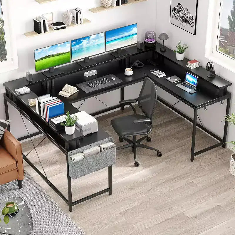 U Shaped Computer Gaming Desk,with LED Lights & Power Outlets,Corner Computer Desk with Storage Shelves,for Home Office