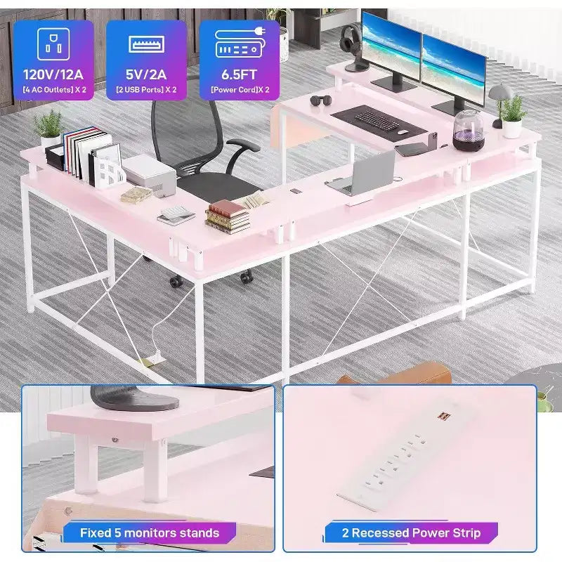 U Shaped Computer Gaming Desk,with LED Lights & Power Outlets,Corner Computer Desk with Storage Shelves,for Home Office