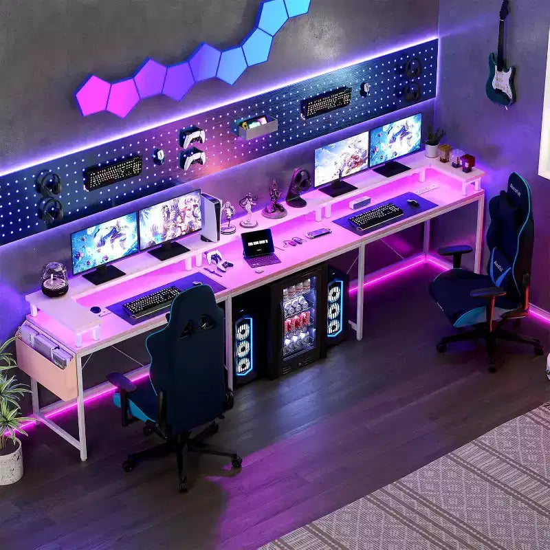 U Shaped Computer Gaming Desk,with LED Lights & Power Outlets,Corner Computer Desk with Storage Shelves,for Home Office