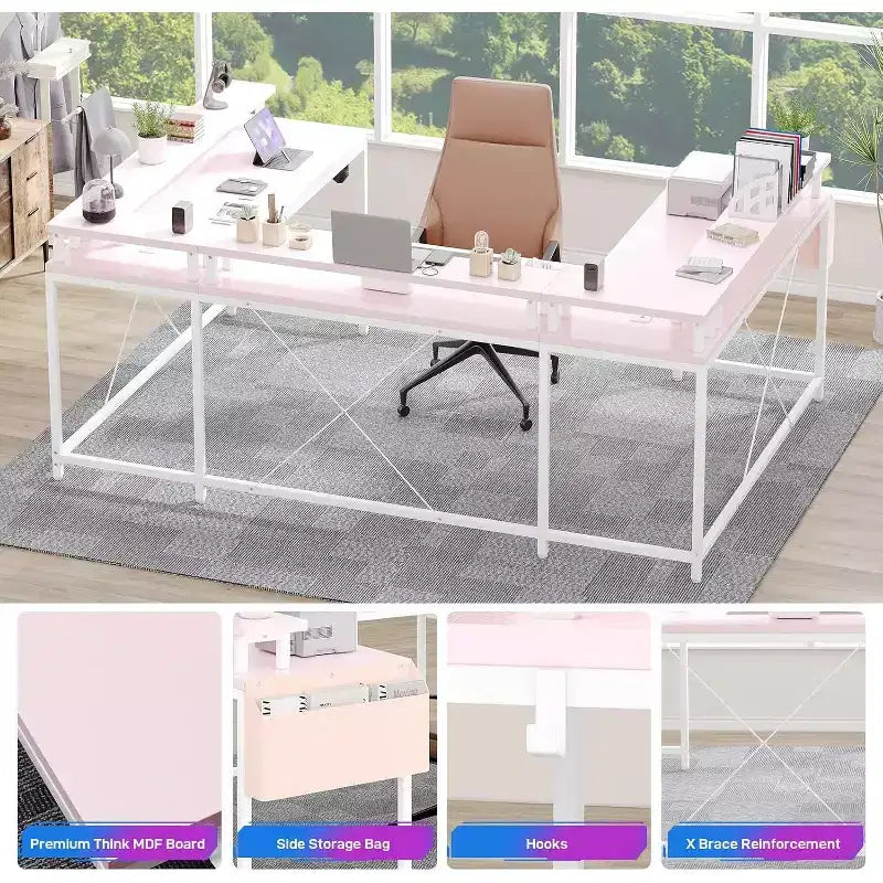 U Shaped Computer Gaming Desk,with LED Lights & Power Outlets,Corner Computer Desk with Storage Shelves,for Home Office