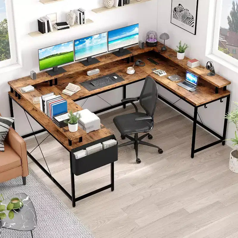 U Shaped Computer Gaming Desk,with LED Lights & Power Outlets,Corner Computer Desk with Storage Shelves,for Home Office