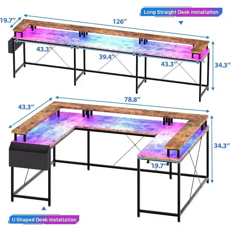 U Shaped Computer Gaming Desk,with LED Lights & Power Outlets,Corner Computer Desk with Storage Shelves,for Home Office