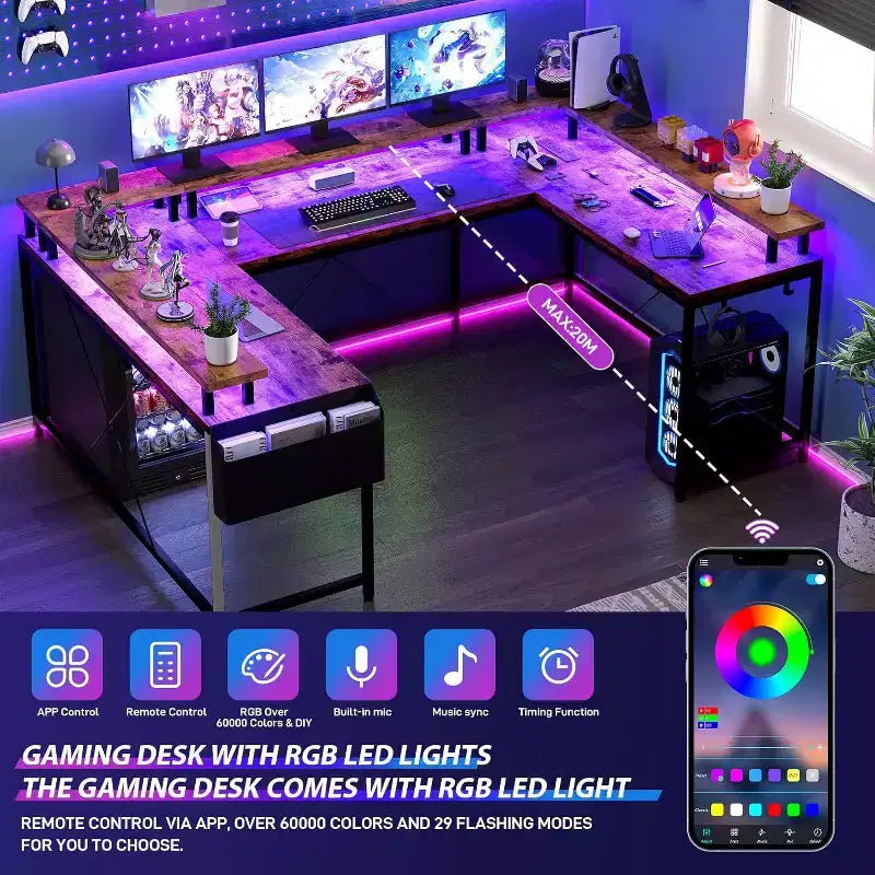 U Shaped Computer Gaming Desk,with LED Lights & Power Outlets,Corner Computer Desk with Storage Shelves,for Home Office