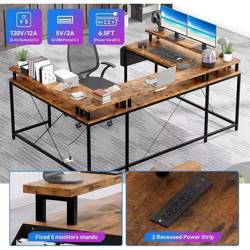 U Shaped Computer Gaming Desk,with LED Lights & Power Outlets,Corner Computer Desk with Storage Shelves,for Home Office