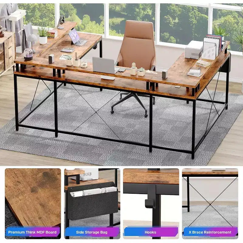 U Shaped Computer Gaming Desk,with LED Lights & Power Outlets,Corner Computer Desk with Storage Shelves,for Home Office