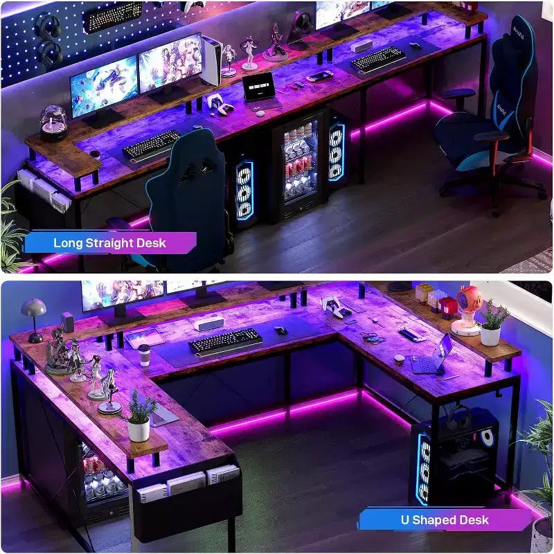 U Shaped Computer Gaming Desk,with LED Lights & Power Outlets,Corner Computer Desk with Storage Shelves,for Home Office