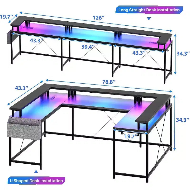 U Shaped Computer Gaming Desk,with LED Lights & Power Outlets,Corner Computer Desk with Storage Shelves,for Home Office