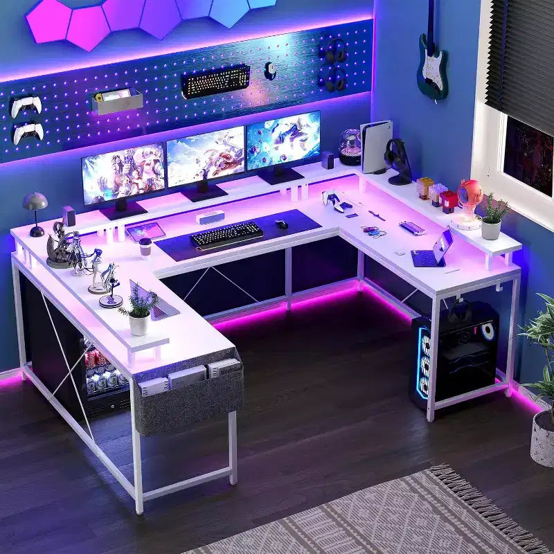 U Shaped Computer Gaming Desk,with LED Lights & Power Outlets,Corner Computer Desk with Storage Shelves,for Home Office