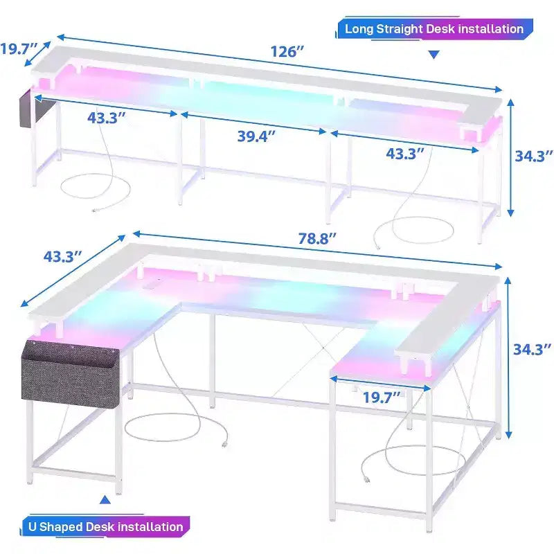 U Shaped Computer Gaming Desk,with LED Lights & Power Outlets,Corner Computer Desk with Storage Shelves,for Home Office