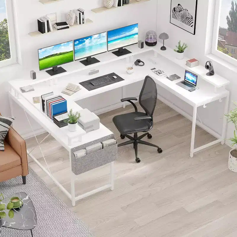 U Shaped Computer Gaming Desk,with LED Lights & Power Outlets,Corner Computer Desk with Storage Shelves,for Home Office