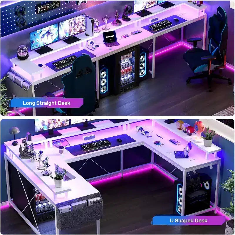 U Shaped Computer Gaming Desk,with LED Lights & Power Outlets,Corner Computer Desk with Storage Shelves,for Home Office