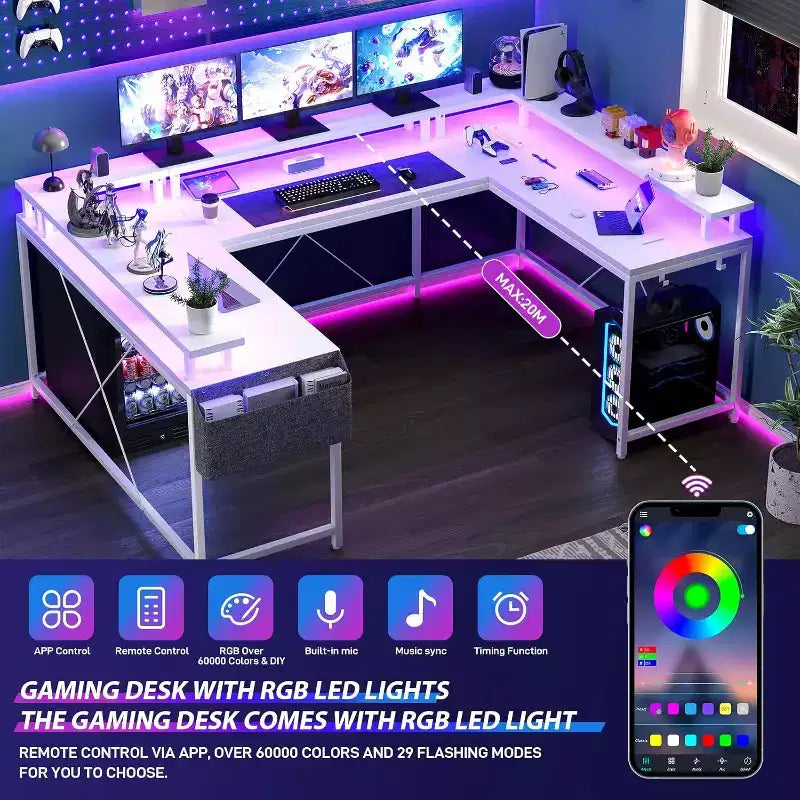 U Shaped Computer Gaming Desk,with LED Lights & Power Outlets,Corner Computer Desk with Storage Shelves,for Home Office