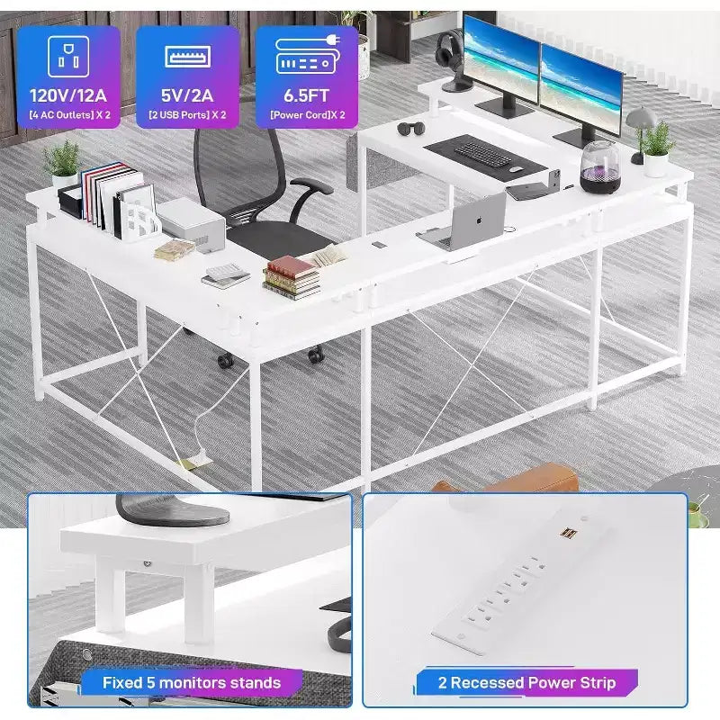 U Shaped Computer Gaming Desk,with LED Lights & Power Outlets,Corner Computer Desk with Storage Shelves,for Home Office