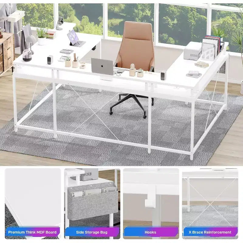 U Shaped Computer Gaming Desk,with LED Lights & Power Outlets,Corner Computer Desk with Storage Shelves,for Home Office