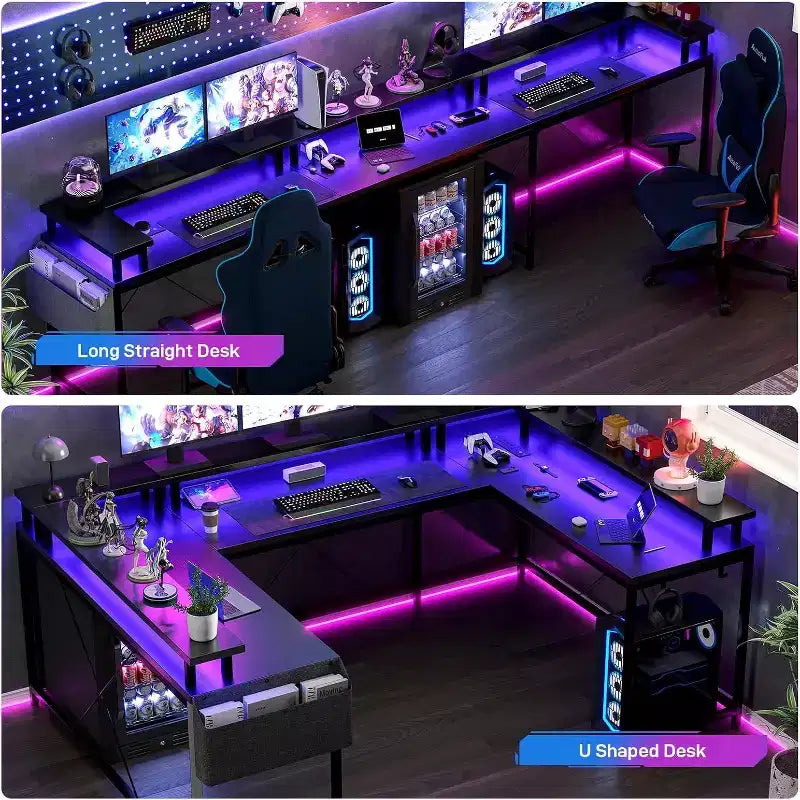 U Shaped Computer Gaming Desk,with LED Lights & Power Outlets,Corner Computer Desk with Storage Shelves,for Home Office